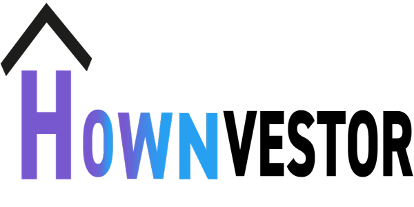 Hownvestor logo met zijn 3 kleuren: zwart, blauw mauve en het kleine dakje op de H